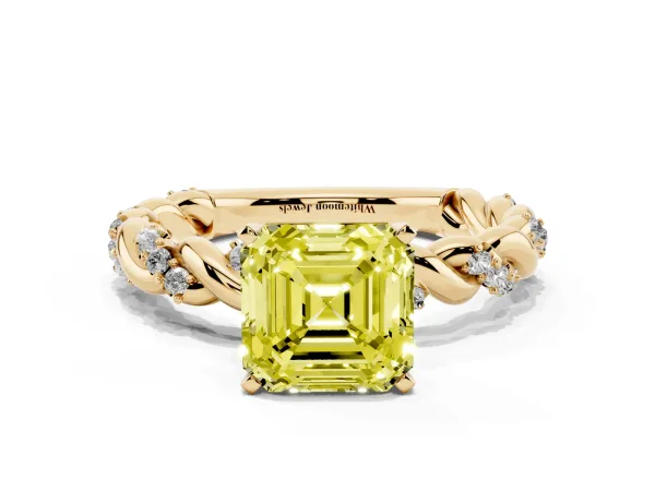 Fancy Yellow Asscher Cut Diamond Solitaire Ring with Twisted Band and Pavé Accents Yellow gold
