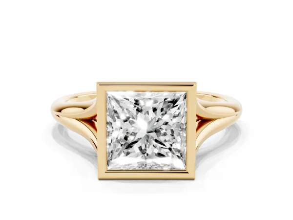 Bezel Set Princess Cut Cut Solitaire Ring with Tapered Band Yellow gold