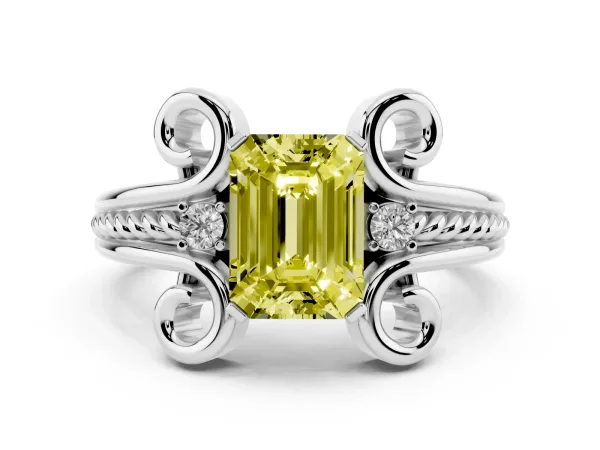 Fancy Yellow Emerald Cut Solitaire Twisted Band Scroll Prong Ring Platinum