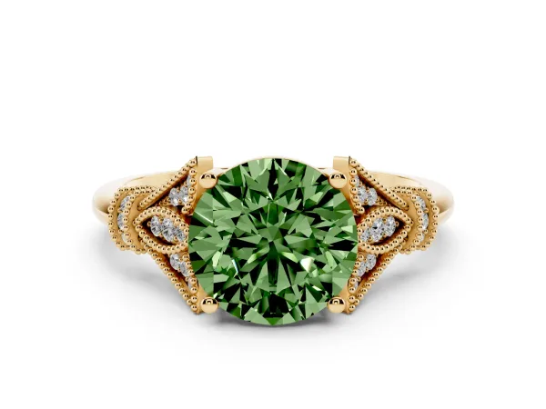 Fancy Green Round Cut Diamond Solitaire Ring with Floral Filigree and Pave Accents Yellow gold