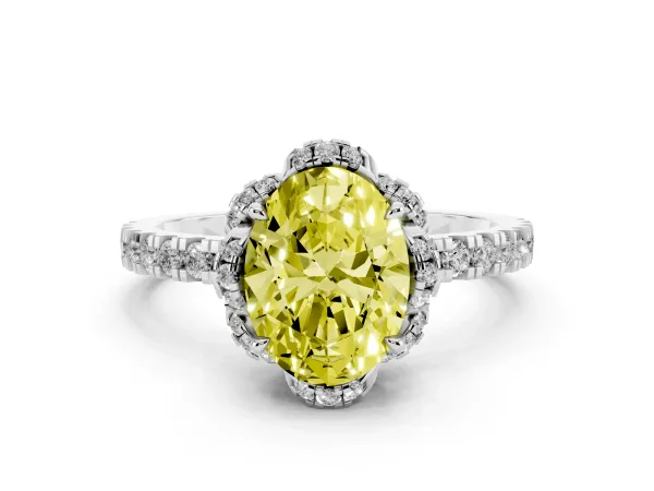 Fancy Yellow Oval Cut Diamond Halo Pave Band with Four-Prong Setting White gold