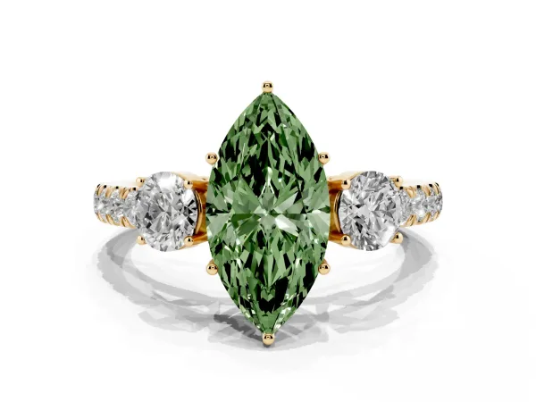 Fancy Green Marquise Cut Cut Diamond Three-Stone Ring with Round Side Stones and Pavé Band Yellow gold