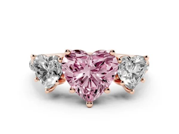 Fancy Pink Three-Stone Heart Cut Diamond Ring with Round Pavé Band and Prong Setting Rose gold