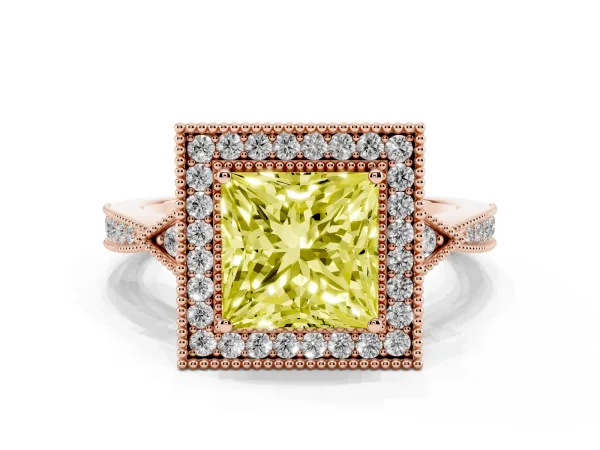 Fancy Yellow Princess Cut Halo Round Diamond Milgrain Pave Engagement Ring Rose gold