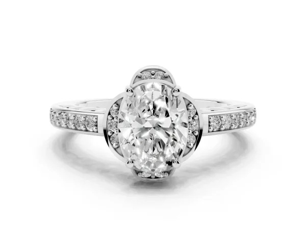 Oval Cut Cut Halo Diamond Ring with Channel Set Band and Four-Prong Setting White gold