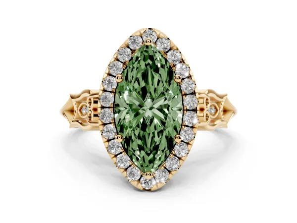 Fancy Green Marquise Cut Halo Diamond Engagement Ring with Filigree Band and Four-Prong Setting Yellow gold