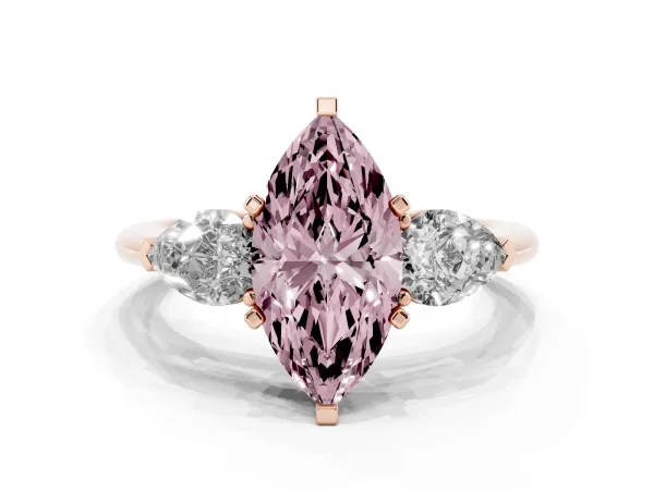 Fancy Pink Three-Stone Marquise Cut Diamond Ring with Pear Side Stones and Four-Prong Setting Rose gold