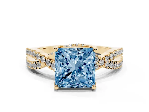 Fancy Blue Princess Cut Solitaire Twist Pave Diamond Engagement Ring with Prong Setting Yellow gold