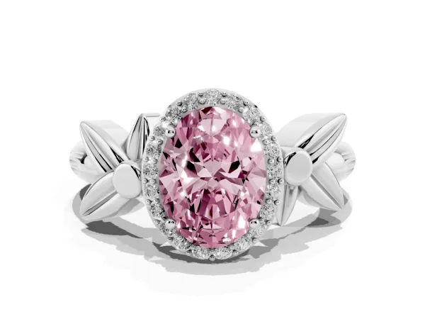 Fancy Pink Oval Cut Halo Diamond Floral Band with Four-Prong Setting Platinum
