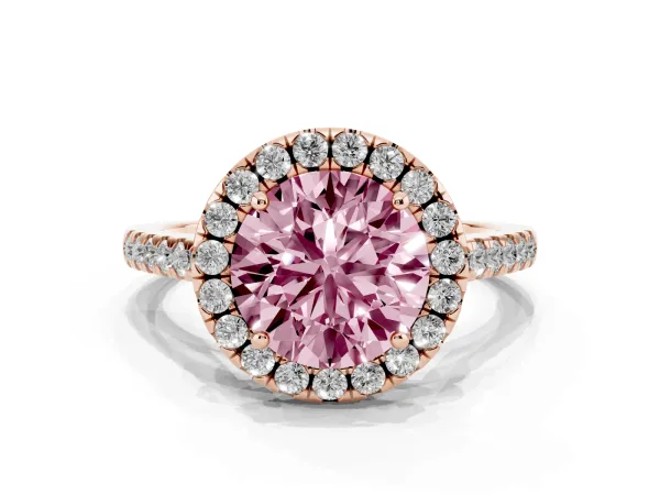 Fancy Pink Round Cut Halo Pavé Diamond Engagement Ring with Four-Prong Setting Rose gold