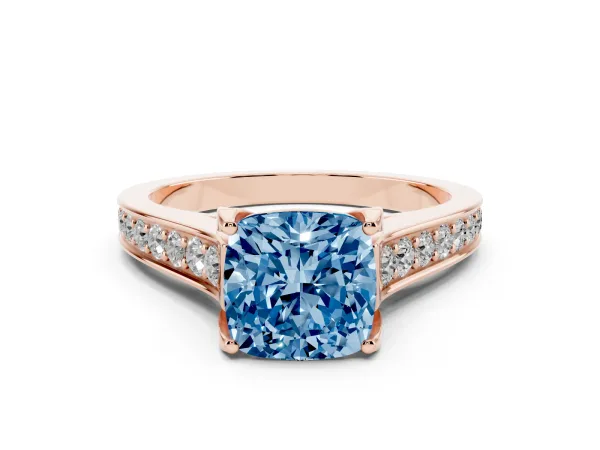 Fancy Blue Cushion Cut Brilliant Cut Diamond Engagement Ring with Pavé Band and Four-Prong Setting Rose gold