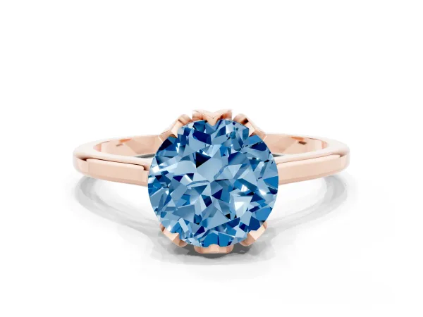 Fancy Blue Round Cut Diamond Solitaire Ring with Flower Prong Setting and Classic Band Rose gold