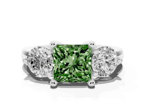 Fancy Green Three-Stone Princess Cut Brilliant Cut Solitaire Ring with Prong Setting on a Classic Band Platinum