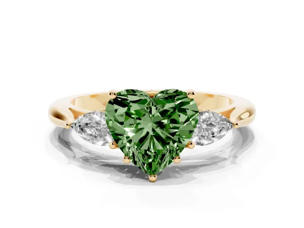 Fancy Green Heart Cut Diamond Three-Stone Ring with Pear Side Stones and Prong Setting Yellow gold