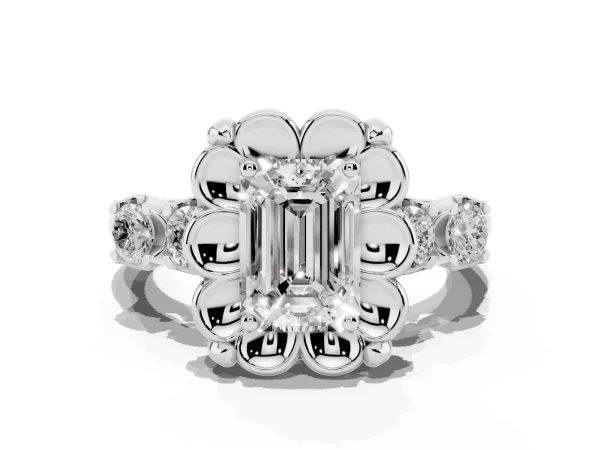 Emerald Cut Cut Diamond Floral Halo Engagement Ring with Shared Prong Setting White gold
