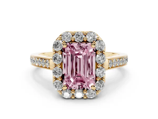 Fancy Pink Emerald Cut Diamond Floral Halo Ring with Pavé Band and Prong Setting Yellow gold