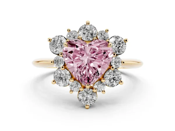 Fancy Pink Heart Cut Diamond Cluster Halo Ring with Solitaire Band and Four-Prong Setting Yellow gold
