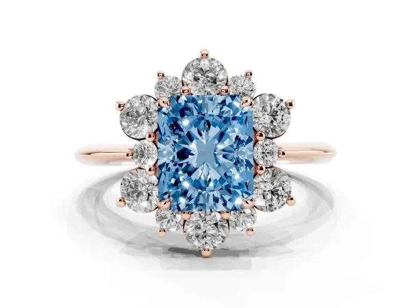 Fancy Blue Radiant Cut Diamond Cluster Halo Ring with Solitaire Band and Four-Prong Setting Rose gold