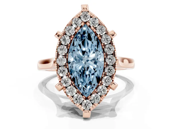 Fancy Blue Marquise Cut Diamond Cluster Halo Solitaire with Four-Prong Setting Rose gold