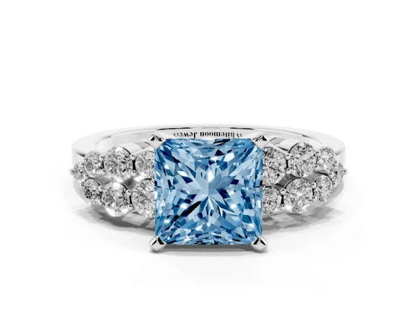 Fancy Blue Princess Cut Cluster Diamond Engagement Ring with Pavé Band and Four-Prong Setting White gold