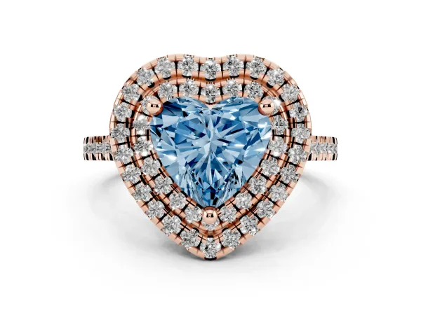Fancy Blue Double Halo Heart Cut Diamond Pavé Band with Four-Prong Setting Rose gold