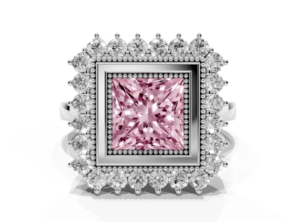 Fancy Pink Princess Cut Halo Diamond Ring with Milgrain Edge and Round Prong Setting Platinum