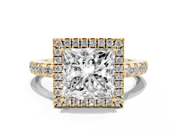 Princess Cut Diamond Halo Ring with Pavé Band and Four-Prong Setting Yellow gold