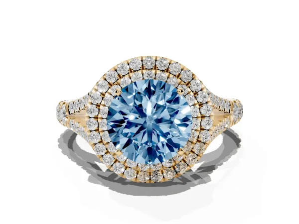 Fancy Blue Double Halo Round Cut Diamond Split Shank Engagement Ring with Four-Prong Setting Yellow gold