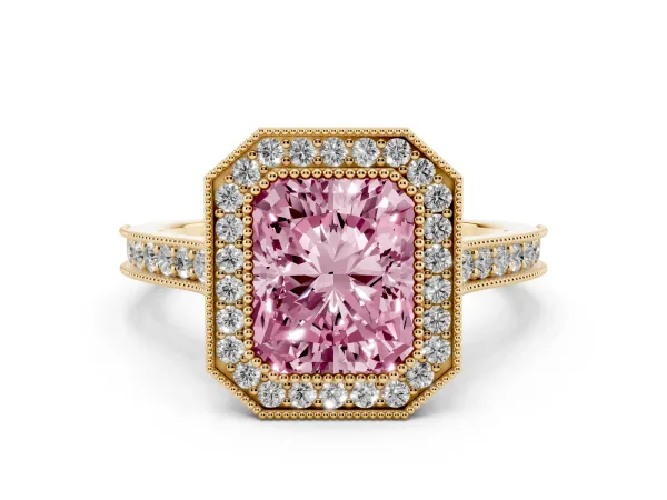 Fancy Pink Halo Radiant Cut-Cut Diamond Pave Band Milgrain Prong Setting Ring Yellow gold