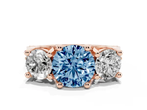 Fancy Blue Round Cut Diamond Three-Stone Ring with Channel Set Band and Four-Prong Setting Rose gold
