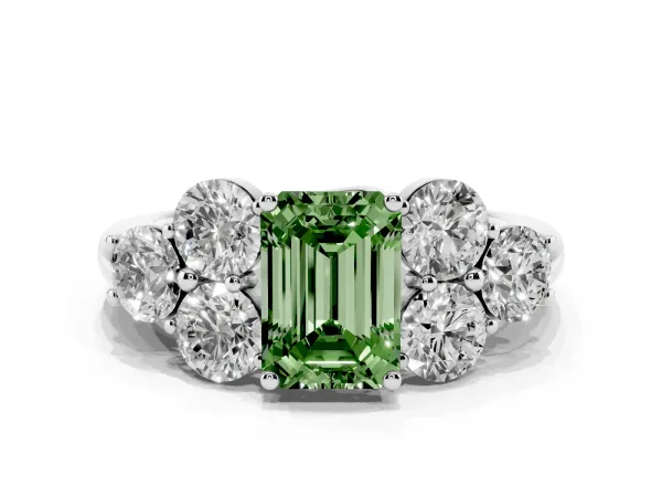 Fancy Green Emerald Cut Cut Diamond Cluster Ring with Round Accent Stones and Prong Setting on a Classic Band Platinum