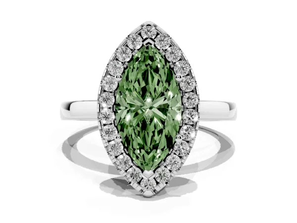 Fancy Green Marquise Cut Halo Diamond Solitaire with Pavé Band and Four-Prong Setting White gold