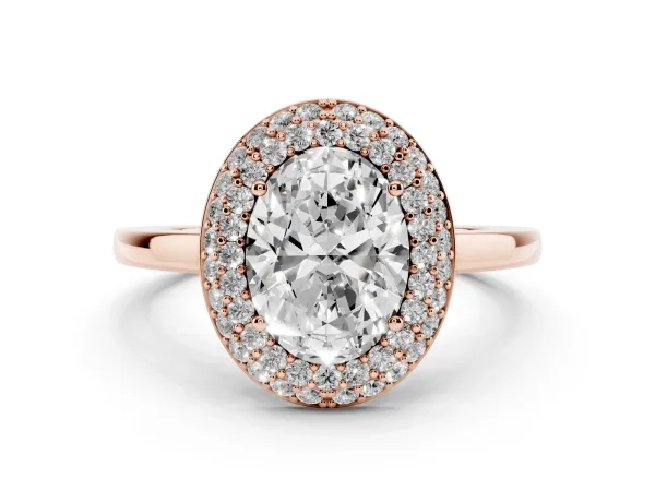 Oval Cut Halo Diamond Engagement Ring with Solitaire Band and Four-Prong Setting Rose gold