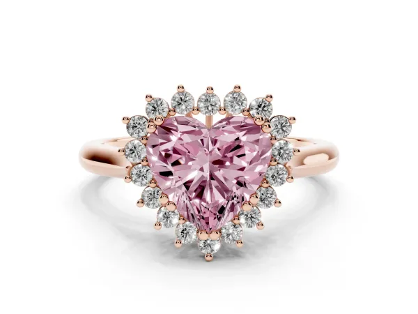 Fancy Pink Heart Cut Cut Diamond Halo Ring with Solitaire Band and Prong Setting Rose gold