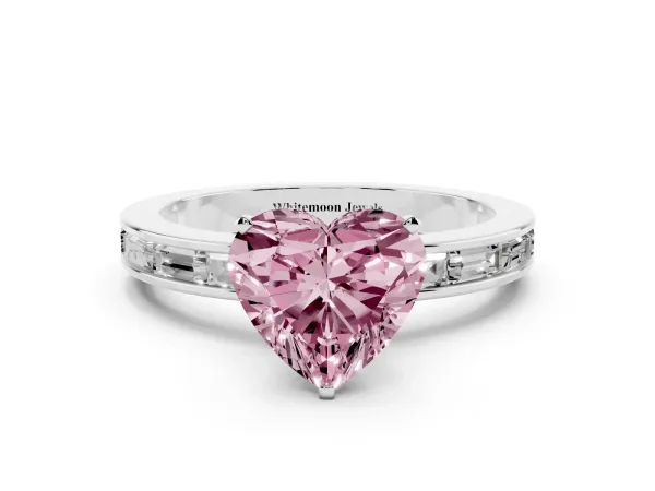 Fancy Pink Heart Cut Solitaire Diamond Ring with Channel-Set Baguette Band and Four-Prong Setting Platinum