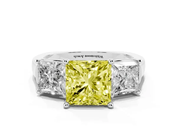 Fancy Yellow Three-Stone Princess Cut Brilliant Diamond Trellis Ring with Comfort Fit Band Platinum