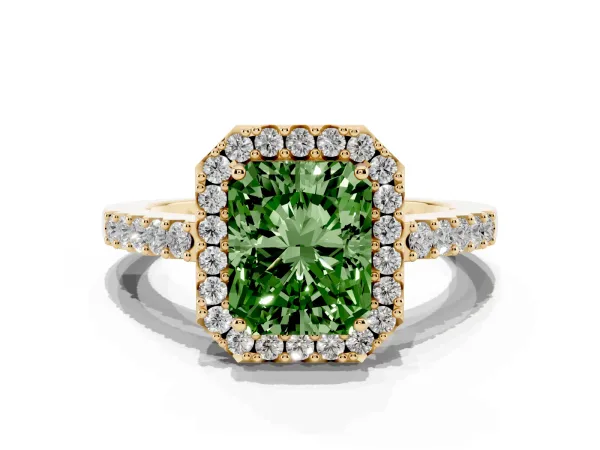 Fancy Green Radiant Cut Halo Diamond Pavé Solitaire Ring Yellow gold