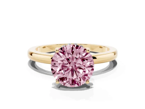 Fancy Pink Round Cut Solitaire Diamond Ring with Prong Setting and Plain Band Yellow gold