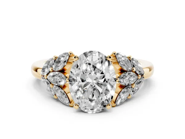 Oval Cut Diamond Cluster Leaf Design Ring with Prong Setting Yellow gold