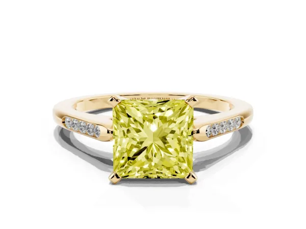 Fancy Yellow Princess Cut Diamond Solitaire Ring with Channel Set Round Band and Prong Setting Yellow gold