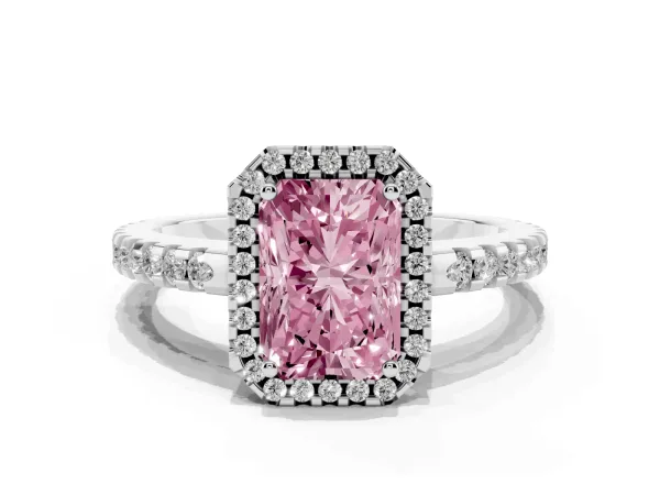 Fancy Pink Radiant Cut Diamond Halo Engagement Ring with Pavé Band and Prong Setting Platinum
