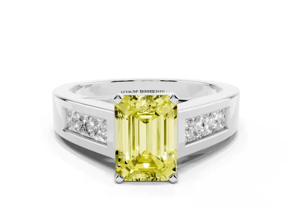 Fancy Yellow Emerald Cut Cut Channel Set Solitaire Ring with Four-Prong Setting Platinum