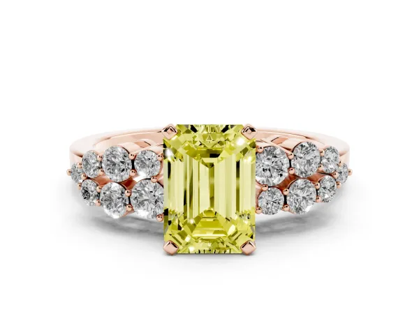 Fancy Yellow Emerald Cut Cluster Diamond Engagement Ring with Pavé Band and Four-Prong Setting Rose gold