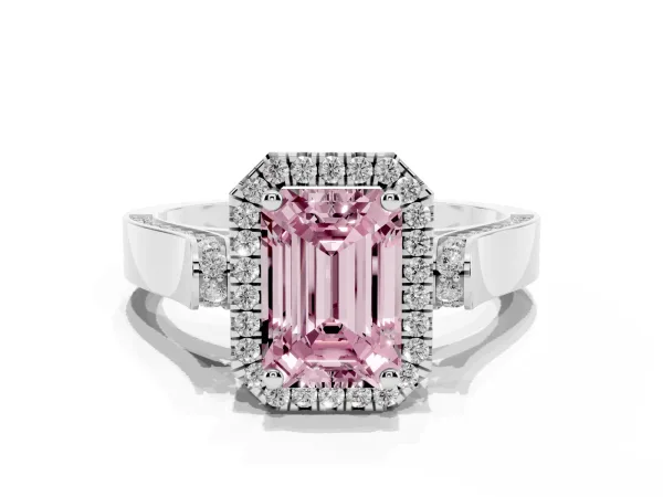 Fancy Pink Emerald Cut Halo Round Diamond Twist Band with Four-Prong Setting White gold