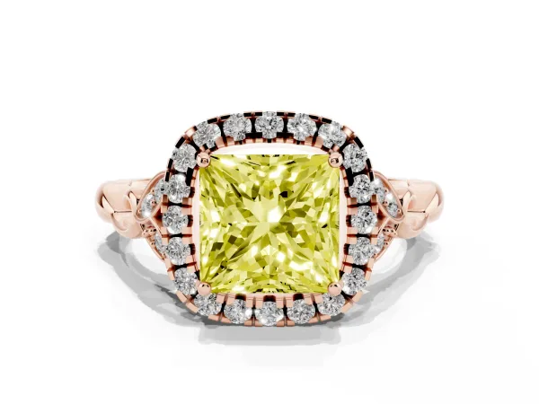 Fancy Yellow Princess Cut Halo Diamond Engagement Ring with Vintage-Inspired Band and Four-Prong Setting Rose gold