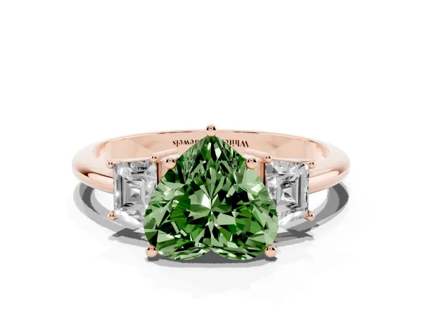 Fancy Green Heart Cut Diamond Three-Stone Ring with Trapezoid Side Stones and Prong Setting Rose gold