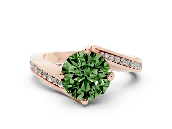 Fancy Green Round Cut Solitaire Diamond Twist Band with Pavé Setting and Four-Prong Setting Rose gold