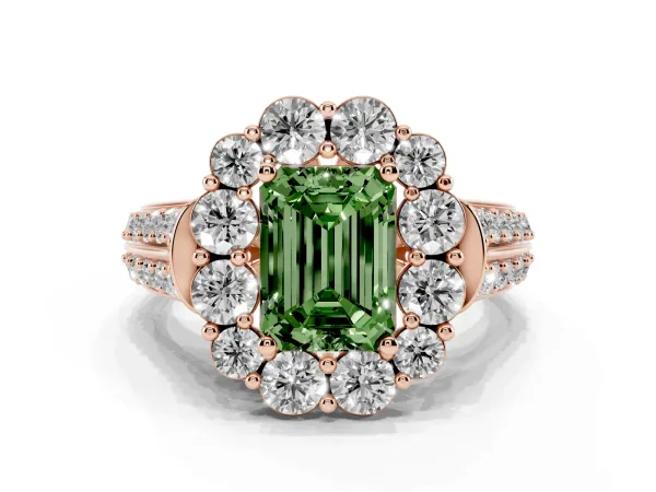 Fancy Green Emerald Cut Halo Diamond Engagement Ring with Split Shank and Prong Setting Rose gold