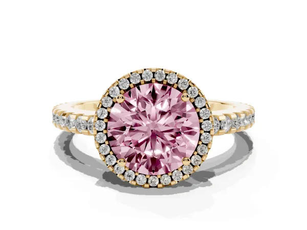 Fancy Pink Round Cut Diamond Halo Engagement Ring with Pavé Band and Prong Setting Yellow gold