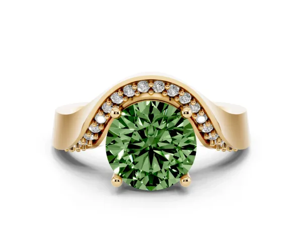 Fancy Green Round Cut Solitaire Diamond Engagement Ring with Pave Band and Four-Prong Setting Yellow gold